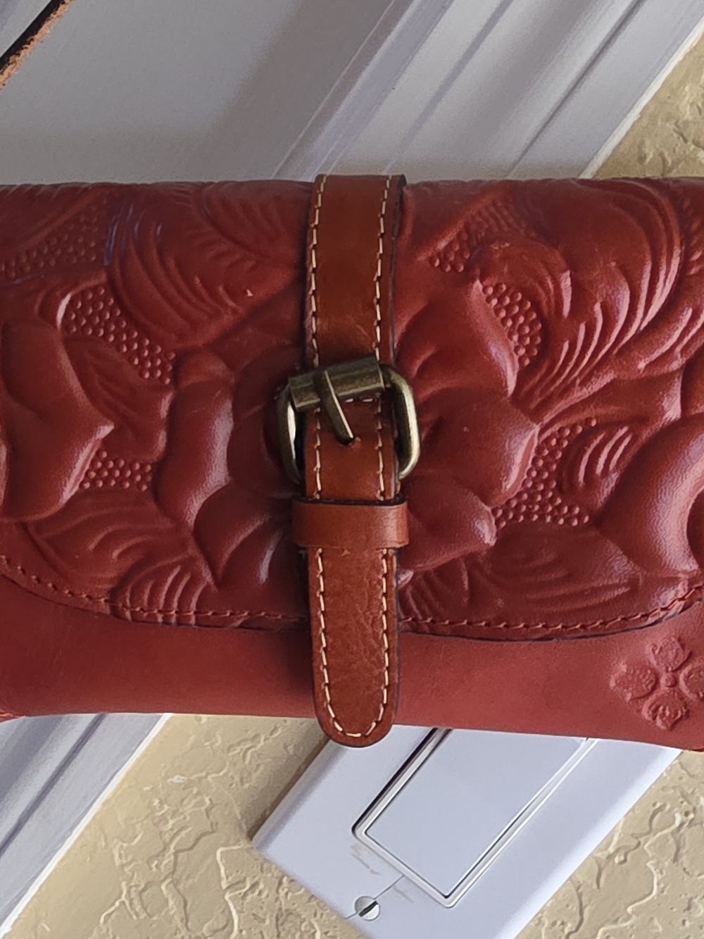 Patricia Nash Dark Red Embossed Floral Crossbody Clutch